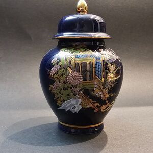 Vtg Blue Ginger Jar Made in Japan Rickshaw Chrysanthemums 4.5"